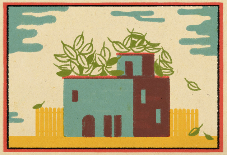 Casa con hojas en el tejado